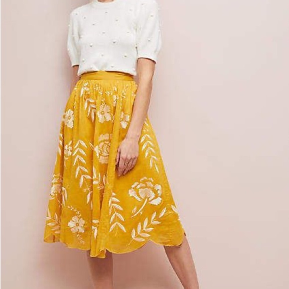 Maeve Vineland Embroidered Yellow A-Line Skirt Size XXS